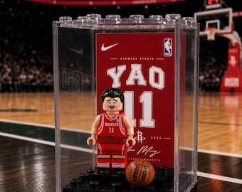 Yao Ming Houston Rockets #11 NBA Minifigure MOC Display Case with Premium Background, Basketball Legend Collectible, NBA Fan Gift, Sports