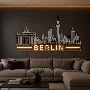 Berlins skyline neonskylt, LED-vägglampa för stadslandskap, Tysklands stadsväggkonst, urban lägenhetsinredning, modern stadsneonljus, present till resenär