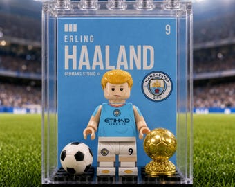 Haaland world cup  Manchester City #9 MOC Minifigure Display Case with Premium Background Football Collectible Gift Soccer Fan Decor Sports