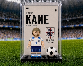 Harry Kane England #9 World Cup Minifigure MOC Display Case with Premium Background Football Legend Collectible Soccer Fan Gift Sports Room