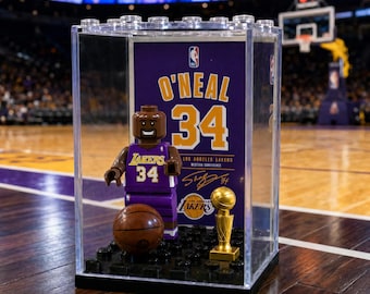 Shaquille O'Neal Lakers #34 MOC Minifigure Display Case with Premium Background, NBA Legend Collectible, Basketball Fan Gift, Sports Room