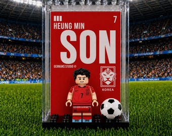Heung-Min Son South Korea #7 World Cup Minifigure MOC Display Case with Premium Background, Football Legend Collectible, Soccer Fan Gift