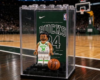 MOC Giannis Antetokounmpo Milwaukee Bucks #34 Minifigure Display Case with Premium Background, Basketball Legend Collectible, NBA Fan Gift