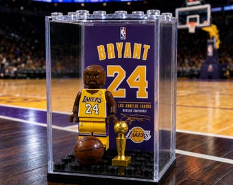 Kobe Bryant Lakers #24 MOC Minifigure Display Case with Premium Background, Basketball Collectible Gift for NBA Fans