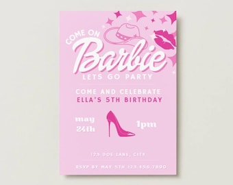 Barbie Birthday Invitation Template – Editable Canva Design | Pink Cowgirl Barbie Party Invite | Instant Download