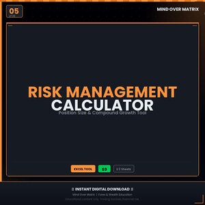 Może przedstawiać: Reklama produktu cyfrowego na ciemnym tle. Tekst brzmi "RISK MANAGEMENT CALCULATOR" w kolorze pomarańczowym i białym, z napisem "Position Size & Compound Growth Tool" poniżej. Zawiera etykiety "EXCEL TOOL" i "9$". W prawym górnym rogu napis "MIND OVER MATRIX".