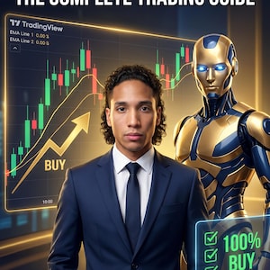 May include: Image of a book cover titled "MIND OVER MATRIX THE COMPLETE TRADING GUIDE." The cover features a man in a suit, a gold robot, and a TradingView chart with a "BUY" arrow. The text "TradingView Indicator Strategy" is at the bottom.