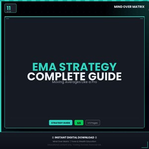 May include: A digital guide titled "EMA Strategy Complete Guide" with the tagline "Moving Averages Like a Pro." The cover is dark with teal and white text. Includes a "Strategy Guide" button and a "$9" price tag.