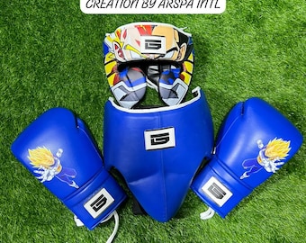Custom Anime Boxing Set Vegeta Inspired Blue Leather Boxing Gloves, Headgear & Groin Guard 2026 Professional Pro Saiyan Theme Sparring Gear