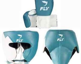 Custom Personalized Boxing Set Professional Teal & White Leather Boxing Gloves, Headgear and Groin Guard Bespoke Combat Boxing Sparring Kit