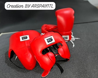 Set da boxe anime personalizzato, composto da guantoni da boxe in pelle di vacchetta di colore rosso, caschetto e protezione inguinale - Attrezzatura da sparring professionale - Regalo unico per combattenti