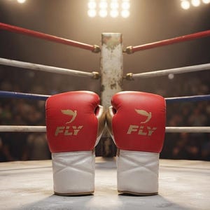 Könnte beinhalten: Ein Paar rot-weiße Boxhandschuhe mit dem goldenen Schriftzug FLY und einem goldenen Vogellogo auf der Vorderseite. Die Handschuhe stehen nebeneinander in der Mitte eines Boxrings, wobei rote, weiße und blaue Seile im Hintergrund zu sehen sind.