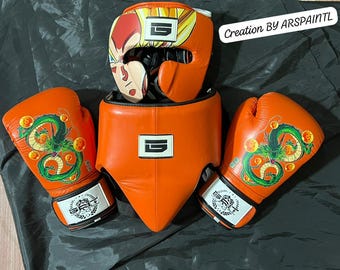 Custom Orange Anime Boxing Set Dragon and Majin Leather Boxing Gloves Headguard & Groin Guard Professional Sparring Kit 3 Piece Combat Set