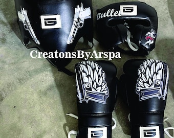 Conjunto táctico de boxeo personalizado: guantes de boxeo de cuero hechos a mano, protector de cabeza y protector inguinal. Equipo profesional para sparring. Set de regalo de Gun Angel Art Combat.