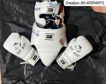 Custom Joy Boy Boxing Set Gear 5 Anime Leather Boxing Gloves, Headguard & Groin Guard White Luffy Sparring Kit Professional Muay Thai Gear