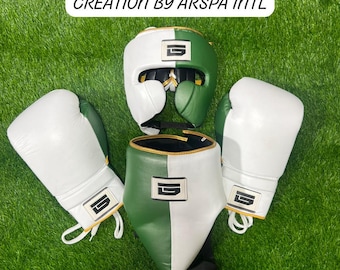 Conjunto de boxeo personalizado Dark Knight: guantes de boxeo de cuero, protector de cabeza y protector inguinal. Kit profesional de sparring completo de 3 piezas.