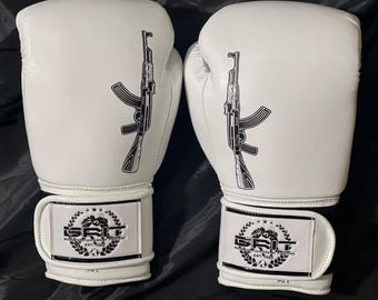 Custom Royal Blue AK-47 Boxing Gloves Printed Leather Sparring Gloves Professional Muay Thai Training Gear Unique Blue Combat Sports Gloves