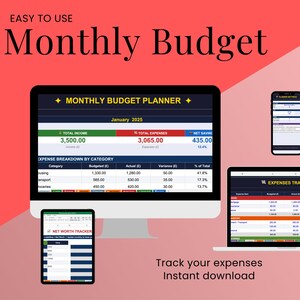 May include: A digital financial planning graphic with the text "Monthly Budget" and "Monthly Budget Planner." The image shows a desktop computer, laptop, tablet, and smartphone displaying budget spreadsheets. The text "Track your expenses, Instant download" is also visible.
