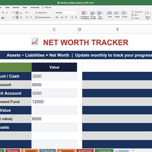 May include: A spreadsheet labelled "NET WORTH TRACKER" with a table for tracking assets and liabilities. Categories include Current Account, Savings Account, and Property Value, with numerical values. The spreadsheet is displayed on a computer screen.