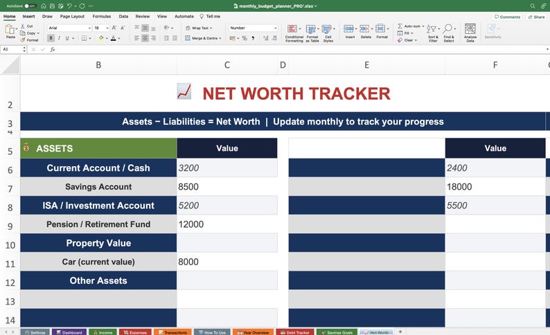 May include: A spreadsheet labelled "NET WORTH TRACKER" with a table for tracking assets and liabilities. Categories include Current Account, Savings Account, and Property Value, with numerical values. The spreadsheet is displayed on a computer screen.