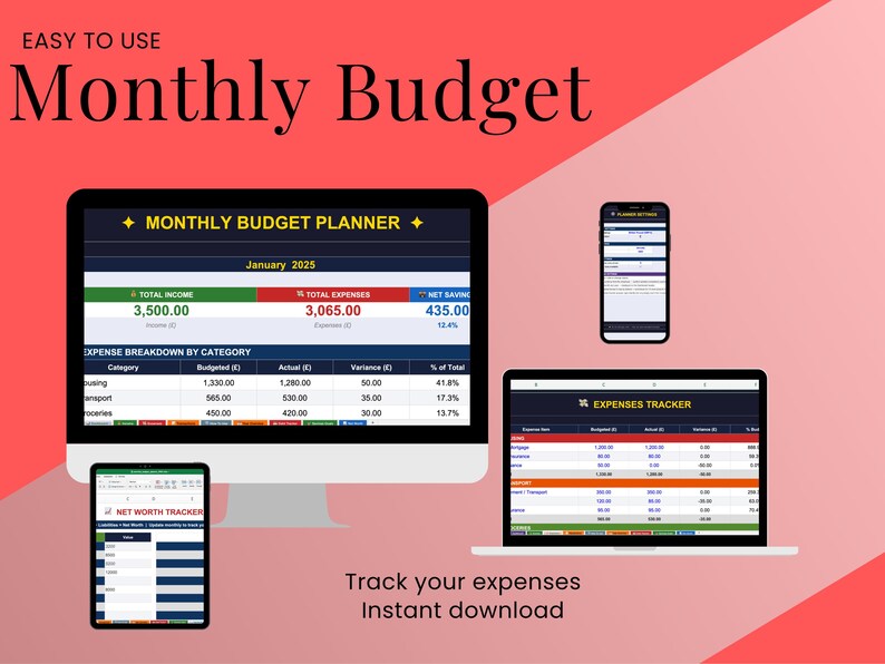 May include: A digital financial planning graphic with the text "Monthly Budget" and "Monthly Budget Planner." The image shows a desktop computer, laptop, tablet, and smartphone displaying budget spreadsheets. The text "Track your expenses, Instant download" is also visible.