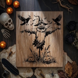 Halloween Scarecrow SVG | Spooky Crow Pumpkin Charcuterie Board Design PNG | Jack O Lantern Wood Carving | Laser & CNC File
