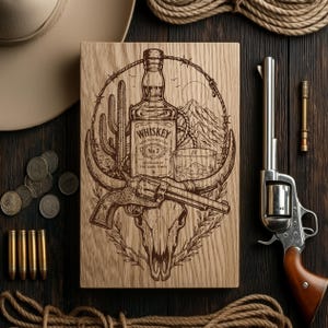 Whisky du Far West SVG | Revolver de cow-boy réaliste et planche de charcuterie en forme de crâne de boeuf PNG | Fichier laser et CNC
