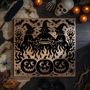 Three Witches Cauldron SVG | Halloween Witch Coven Wood Carving Design PNG | Spooky Jack O Lantern Pumpkins Wall Art | Laser & CNC File