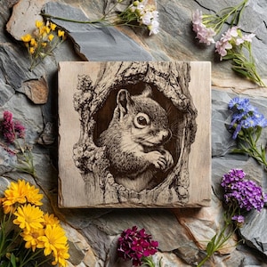 Op de afbeelding: Vierkante houten plaat met een gedetailleerde gravure van een eekhoorn in een boomholte. Het kunstwerk is omgeven door kleurrijke bloemen, waaronder gele, paarse en blauwe bloemen, tegen een achtergrond van grijze steen.