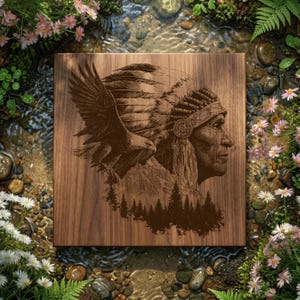 May include: A wooden plaque featuring an engraved portrait of a Native American chief in profile, wearing a feathered headdress. An eagle is depicted soaring above the chief's head, with a forest silhouette in the background. The plaque is surrounded by greenery.