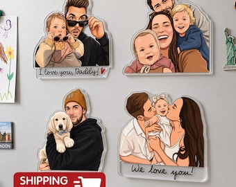 Personalized Portrait From Photo Dad And Kids Magnet, Custom Dad Photo Magnet, Fathers Day Gift For Dad, Gift For Husband, New Dad Gift