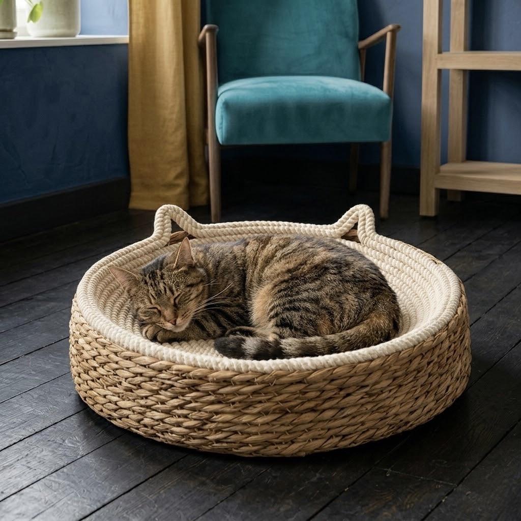 Woven Sisal Cat Scratching Bed – Round Boho Nest with Cute Ear Detail ...