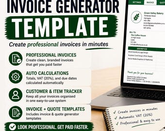 May include: A laptop displays an invoice template with a coffee mug and notepad. The screen shows an invoice from Green Valley Bakery. The notepad lists features: create invoices in minutes, automatic VAT (20%), and professional & easy to use. The image promotes invoice generation.
