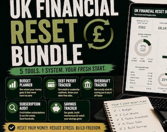 May include: A financial reset bundle with a laptop displaying a dashboard, a notebook with a 5-step plan, and a mug. The image includes tools like a budget planner and debt payoff tracker. The text says "Reset Your Money, Reduce Stress, Build Freedom."