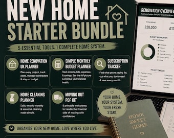 May include: A New Home Starter Bundle graphic with a laptop displaying a renovation overview, a notebook, a mug, and a pen. The bundle includes planners for home renovation, budgeting, and cleaning. The mug says "new home, new start, new memories."
