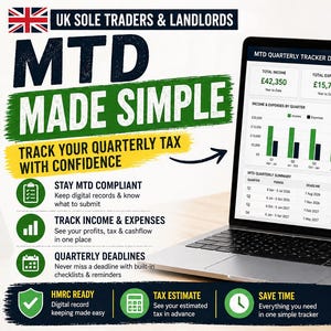 Könnte beinhalten: Ein Laptop zeigt ein Finanz-Dashboard mit Diagrammen und Daten, das MTD (Making Tax Digital) für britische Einzelunternehmer und Vermieter bewirbt. Der Bildschirm zeigt Einnahmen, Ausgaben und Steuerinformationen. Eine Tasse mit einem Lieferwagen-Grafik.