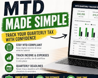 May include: A laptop displays a financial dashboard with charts and data, promoting MTD (Making Tax Digital) for UK sole traders and landlords. The screen shows income, expenses, and tax information. A mug with a delivery truck graphic sits nearby.