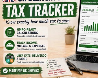 May include: Laptop displaying a tax tracker dashboard with financial data, graphs, and charts. The screen shows income, expenses, and tax estimates. A coffee mug with a delivery truck graphic sits nearby. The image also includes text about tax tracking for UK delivery drivers.