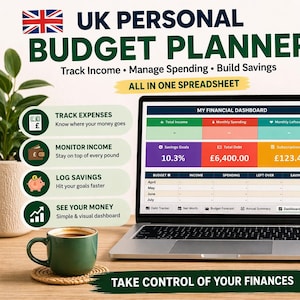 May include: A laptop displays a budget planner spreadsheet with financial data. The image includes a green mug, a coaster, and a plant. Text on the screen shows income, spending, and savings. The product is advertised as easy to use and customizable.