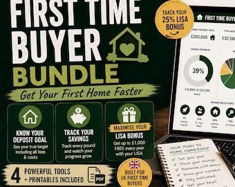 May include: A digital first-time buyer bundle with a laptop displaying financial data, a notepad with a home ownership plan, and a small wooden house. The bundle includes tools to track savings, maximize LISA bonus, and know your deposit goal.