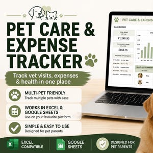 May include: A laptop displays a pet care and expense tracker, with a golden retriever and a tabby cat in the foreground. The screen shows financial data and charts. Text on the screen reads "Pet Care & Expense Tracker". The image also includes the text "Multi-pet friendly".