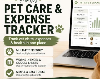 May include: A laptop displays a pet care and expense tracker, with a golden retriever and a tabby cat in the foreground. The screen shows financial data and charts. Text on the screen reads "Pet Care & Expense Tracker". The image also includes the text "Multi-pet friendly".