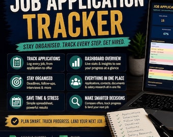 May include: A laptop displays a job application tracker with data visualizations. A notepad with a checklist and a pen sit beside the laptop. A mug with the text "Focus Track Succeed" is also present. The image promotes organization and tracking.