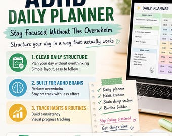 May include: An open laptop displays a digital daily planner with sections for schedule, tasks, and habit tracking. The image includes a coffee mug, pens, and a notepad with the text "ADHD Daily Planner" and "Stay Focused Without The Overwhelm."