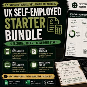 Può includere: Immagine promozionale di un pacchetto di avvio per lavoratori autonomi nel Regno Unito. Mostra un laptop con dati finanziari, un blocco note e una tazza verde. Il testo include modelli fiscali e di fatturazione.