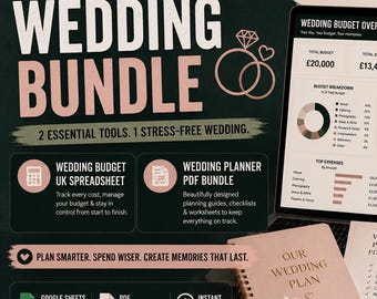 May include: A wedding bundle graphic with the text "Wedding Bundle" in large letters. The image includes a laptop displaying a budget overview, a notebook, a mug, and a checklist. The text promotes planning, organization, and stress-free weddings.