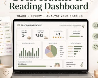 May include: A laptop displays a reading dashboard with charts and graphs, alongside a book library list. The text reads "Book Tracker & Reading Dashboard." Additional elements include books, a coffee cup, and a candle.