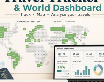 May include: A travel tracker and world dashboard with a world map showing visited countries. A laptop displays travel stats, and icons indicate features like tracking countries and visual world progress. A passport and camera are also visible.