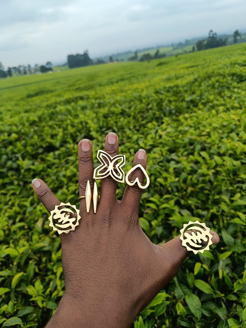 Set of 5 Adjustable Adinkra Brass Rings – African Brass Jewelry - Etsy