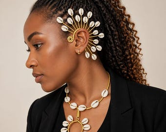 African Brass  and Cowrie shell Matching Necklace and adjustable Ear Cuff